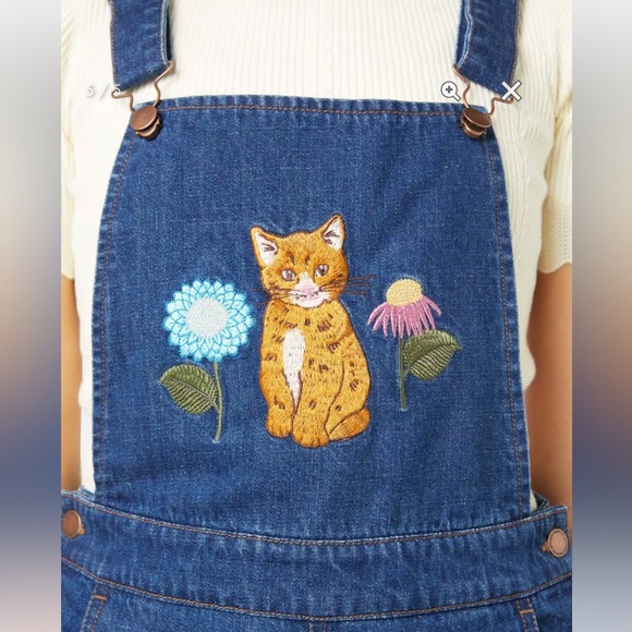 Modcloth Princess Highway Embroidered Cat Denim Overalls Sz 14 NWOT - Picture 2 of 7